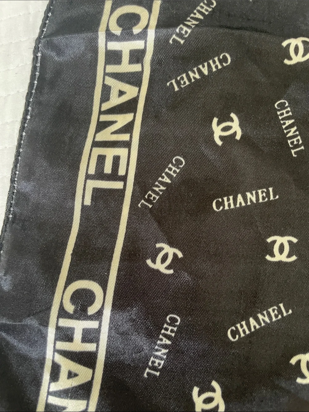 CHANEL Black and Cream Signature Silk Square Scarf